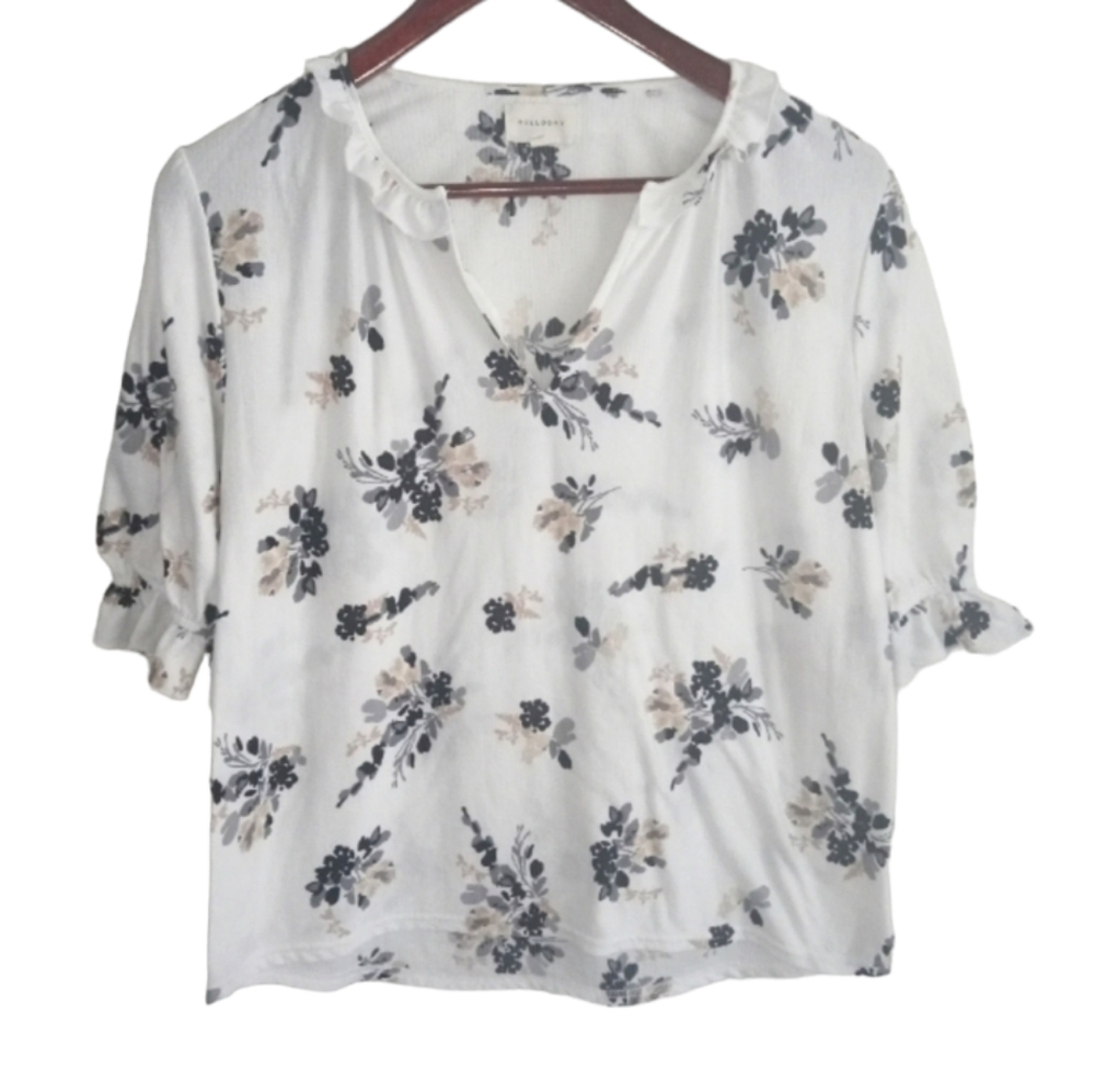 Melloday Woman's White Knit Peasant Floral Blouse Prairie Boho Size M